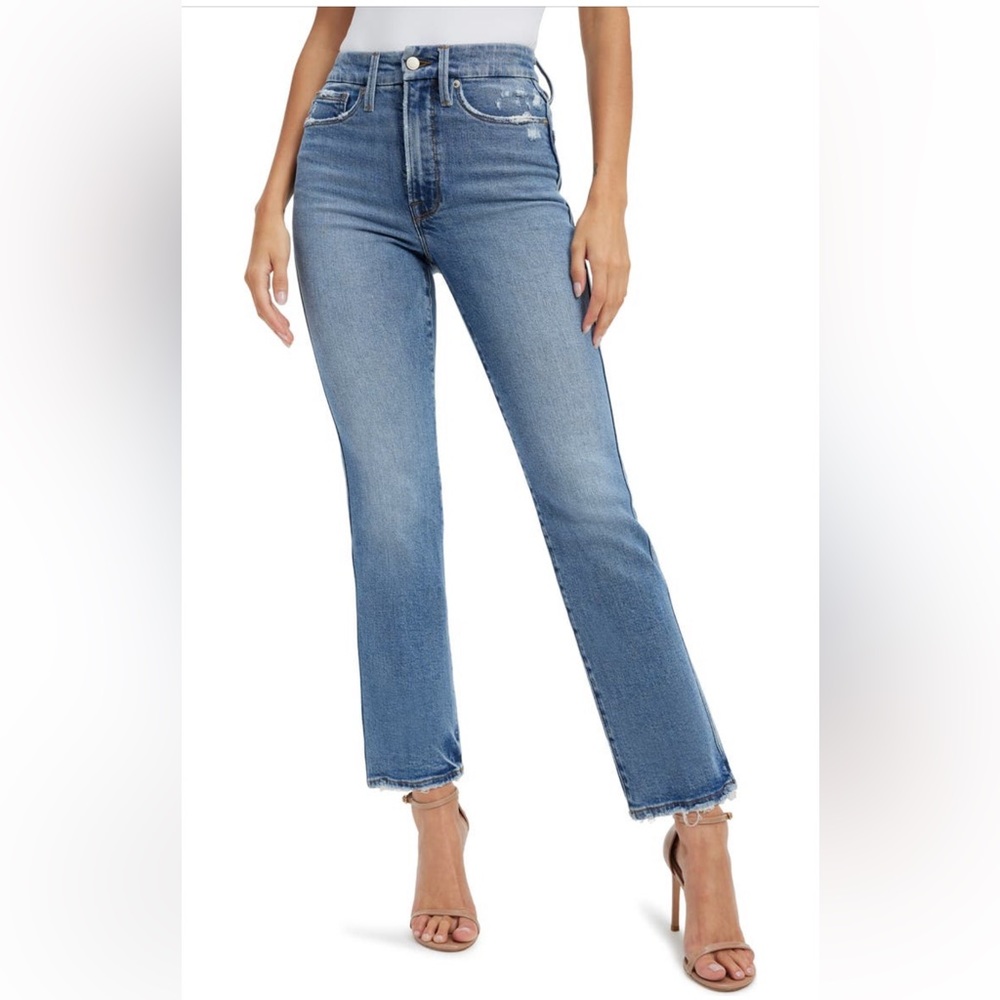 Good American Good Curve High Waist Straight Leg Jeans distressed stretchy